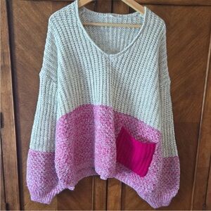 Elegant V-Neck Sweater in Cream and Pink